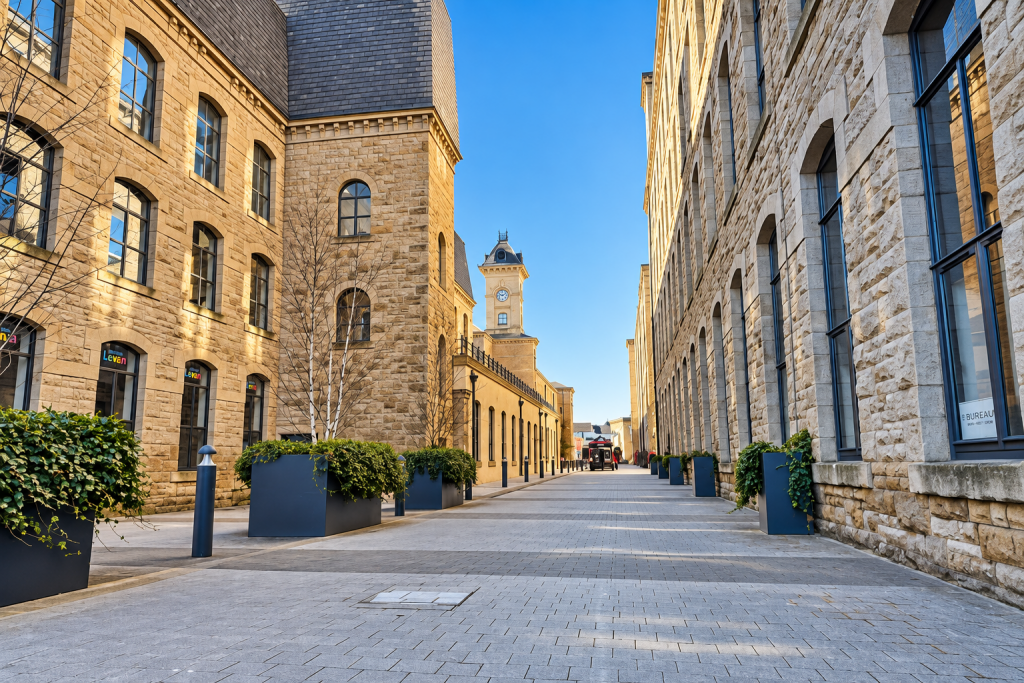 A landscaped courtyard between stone mill buildings with a clock tower